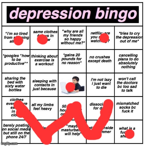 Depression bingo | image tagged in depression bingo | made w/ Imgflip meme maker