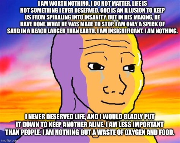 Sunset Wojak | I AM WORTH NOTHING. I DO NOT MATTER. LIFE IS NOT SOMETHING I EVER DESERVED. GOD IS AN ILLUSION TO KEEP US FROM SPIRALING INTO INSANITY. BUT IN HIS MAKING, HE HAVE DONE WHAT HE WAS MADE TO STOP. I AM ONLY A SPECK OF SAND IN A BEACH LARGER THAN EARTH. I AM INSIGNIFICANT. I AM NOTHING. I NEVER DESERVED LIFE, AND I WOULD GLADLY PUT IT DOWN TO KEEP ANOTHER ALIVE. I AM LESS IMPORTANT THAN PEOPLE. I AM NOTHING BUT A WASTE OF OXYGEN AND FOOD. | image tagged in sunset wojak | made w/ Imgflip meme maker