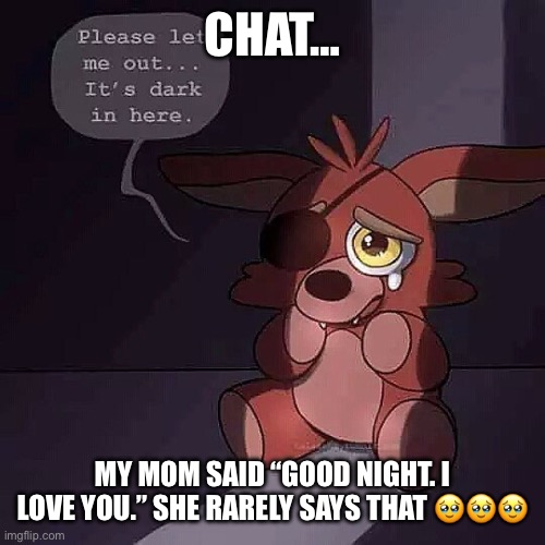 I’m crying now but in a good way | CHAT…; MY MOM SAID “GOOD NIGHT. I LOVE YOU.” SHE RARELY SAYS THAT 🥹🥹🥹 | image tagged in scared foxy plash | made w/ Imgflip meme maker