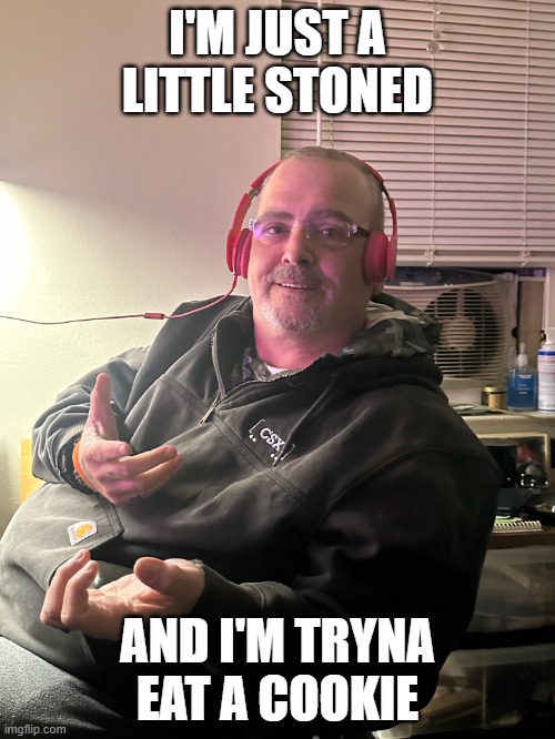 Stoned Cookie Guy | I'M JUST A LITTLE STONED; AND I'M TRYNA EAT A COOKIE | image tagged in stoned cookie guy | made w/ Imgflip meme maker