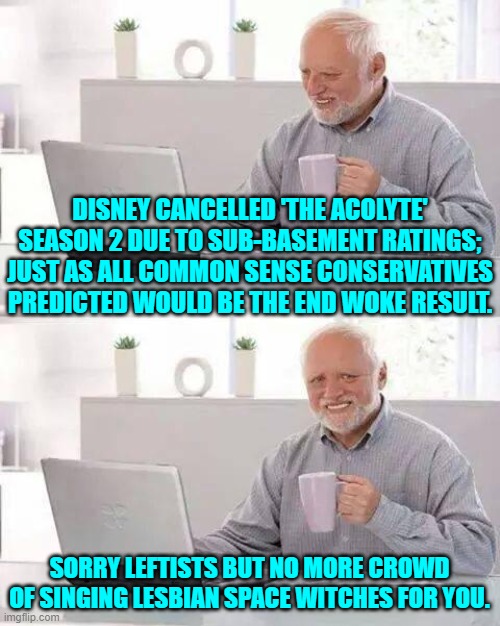 Gosh, who could possibly have predicted this . . . aside from every sane and intelligent person? | DISNEY CANCELLED 'THE ACOLYTE' SEASON 2 DUE TO SUB-BASEMENT RATINGS; JUST AS ALL COMMON SENSE CONSERVATIVES PREDICTED WOULD BE THE END WOKE RESULT. SORRY LEFTISTS BUT NO MORE CROWD OF SINGING LESBIAN SPACE WITCHES FOR YOU. | image tagged in hide the pain harold | made w/ Imgflip meme maker