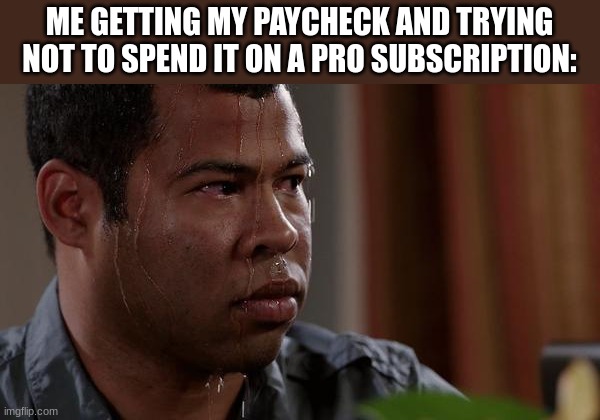 yes | ME GETTING MY PAYCHECK AND TRYING NOT TO SPEND IT ON A PRO SUBSCRIPTION: | image tagged in sweating bullets | made w/ Imgflip meme maker