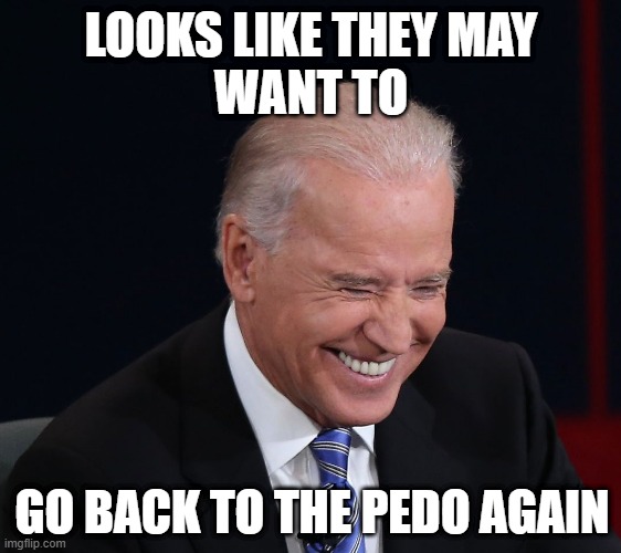 pedo joe | LOOKS LIKE THEY MAY
 WANT TO; GO BACK TO THE PEDO AGAIN | image tagged in fake laugh | made w/ Imgflip meme maker