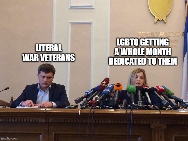 Reporter meme | LITERAL WAR VETERANS; LGBTQ GETTING A WHOLE MONTH DEDICATED TO THEM | image tagged in reporter meme | made w/ Imgflip meme maker