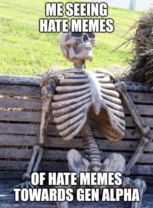 Waiting Skeleton | ME SEEING HATE MEMES; OF HATE MEMES TOWARDS GEN ALPHA | image tagged in memes,waiting skeleton | made w/ Imgflip meme maker