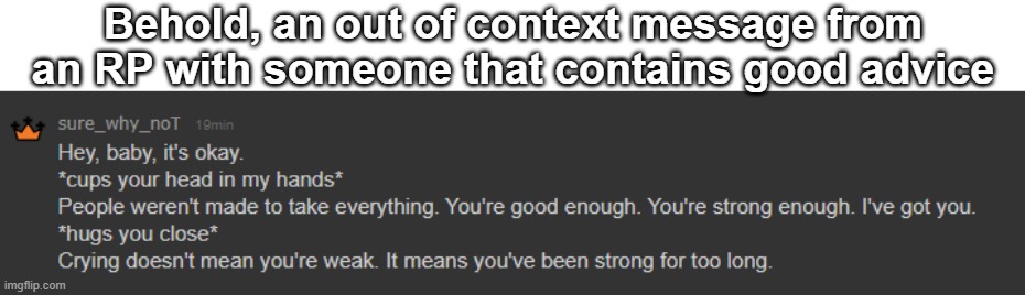 Behold, an out of context message from an RP with someone that contains good advice | made w/ Imgflip meme maker