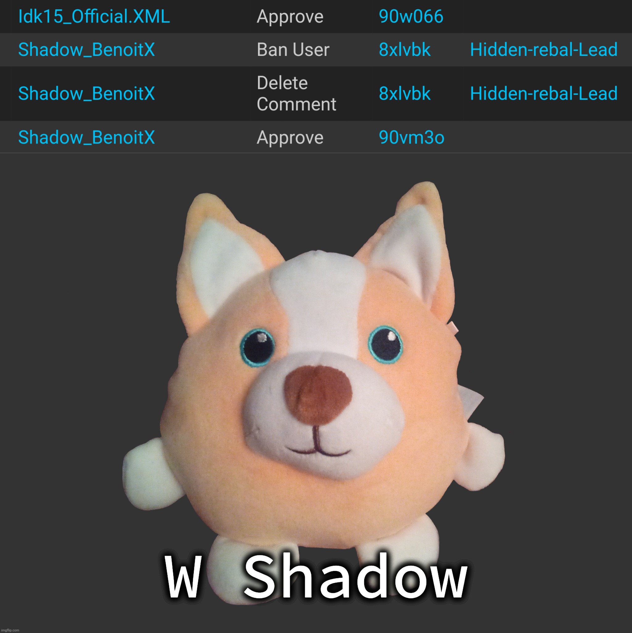 W Shadow | image tagged in corgibol plush comment version | made w/ Imgflip meme maker