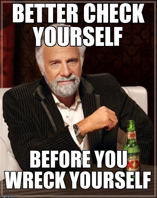 The Most Interesting Man In The World Meme | BETTER CHECK YOURSELF  BEFORE YOU WRECK YOURSELF | image tagged in memes,the most interesting man in the world | made w/ Imgflip meme maker