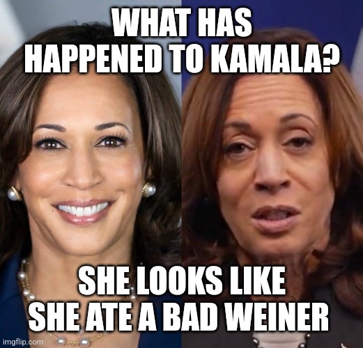 Kamala Harris | WHAT HAS HAPPENED TO KAMALA? SHE LOOKS LIKE SHE ATE A BAD WEINER | image tagged in kamala harris | made w/ Imgflip meme maker