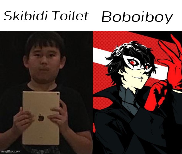 Stay mad grimbitch | Skibidi Toilet; Boboiboy | image tagged in ipad kid vs phantom thief | made w/ Imgflip meme maker