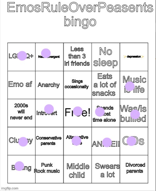 EmosRuleOverPeasents Bingo | image tagged in emosruleoverpeasents bingo | made w/ Imgflip meme maker