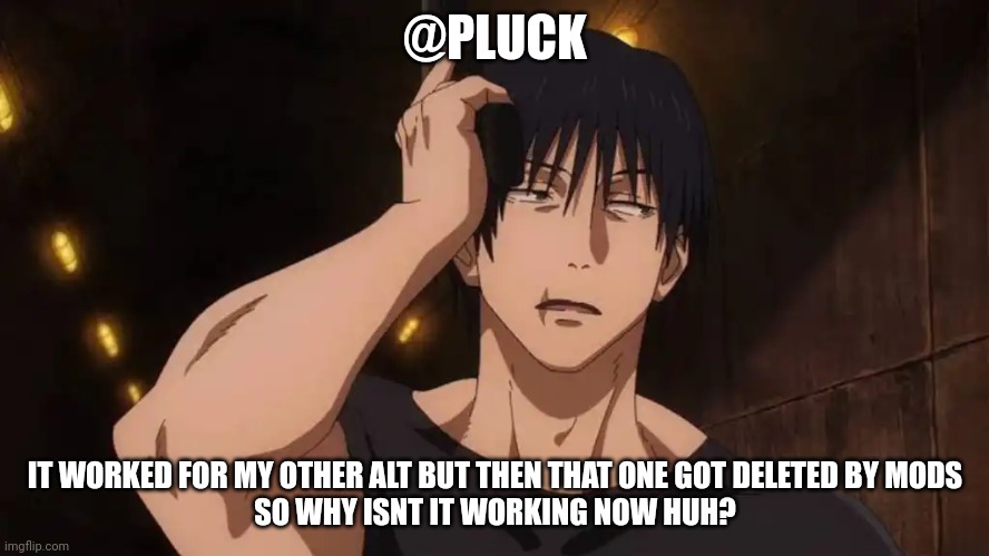 Toji 'ugh' | @PLUCK; IT WORKED FOR MY OTHER ALT BUT THEN THAT ONE GOT DELETED BY MODS
SO WHY ISNT IT WORKING NOW HUH? | image tagged in toji 'ugh' | made w/ Imgflip meme maker