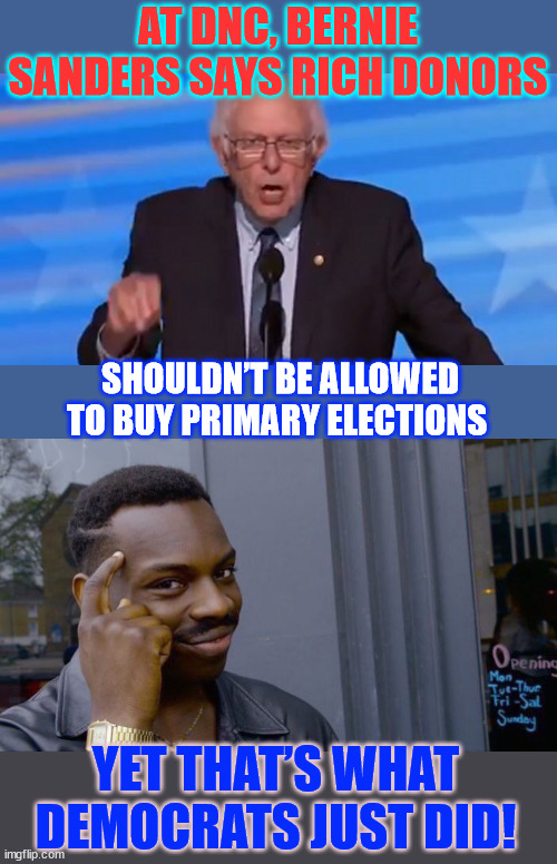 Rich democrat donors bought the democrat primary... Bernie needs new glasses... | AT DNC, BERNIE SANDERS SAYS RICH DONORS; SHOULDN’T BE ALLOWED TO BUY PRIMARY ELECTIONS; YET THAT’S WHAT DEMOCRATS JUST DID! | image tagged in memes,i love the irony,rich dem donors,bought the democrat primary,sheep did nazi that | made w/ Imgflip meme maker