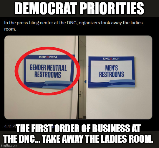 Democrats have their priorities straight... remove the ladies rooms and free abortions | DEMOCRAT PRIORITIES; THE FIRST ORDER OF BUSINESS AT THE DNC... TAKE AWAY THE LADIES ROOM. | image tagged in democrats,sick people,dnc | made w/ Imgflip meme maker