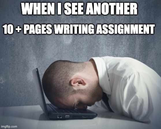 writer frustration | WHEN I SEE ANOTHER; 10 + PAGES WRITING ASSIGNMENT | image tagged in writer frustration | made w/ Imgflip meme maker