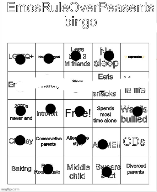 Got a bingo ig | image tagged in emosruleoverpeasents bingo | made w/ Imgflip meme maker