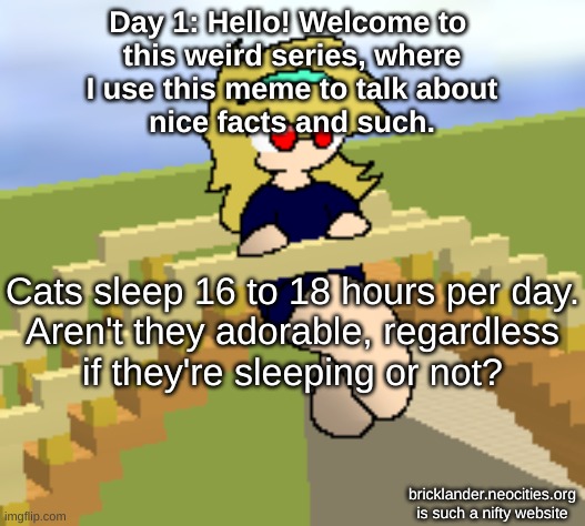 Day 1! A nice image, huh? | Day 1: Hello! Welcome to 
this weird series, where
I use this meme to talk about
nice facts and such. Cats sleep 16 to 18 hours per day.
Aren't they adorable, regardless
if they're sleeping or not? bricklander.neocities.org
is such a nifty website | image tagged in nice,stuff | made w/ Imgflip meme maker