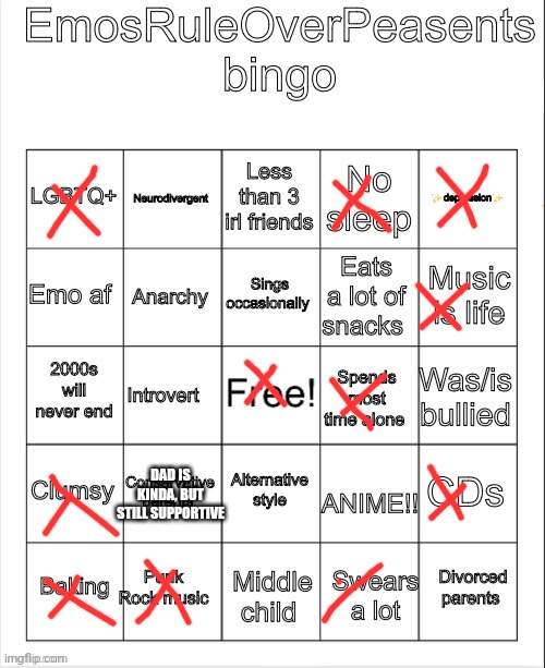 So eepy... | DAD IS KINDA, BUT STILL SUPPORTIVE | image tagged in emosruleoverpeasents bingo | made w/ Imgflip meme maker