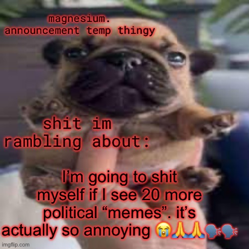 pug temp | I’m going to shit myself if I see 20 more political “memes”. it’s actually so annoying 😭🙏🙏🗣️🗣️ | image tagged in pug temp | made w/ Imgflip meme maker