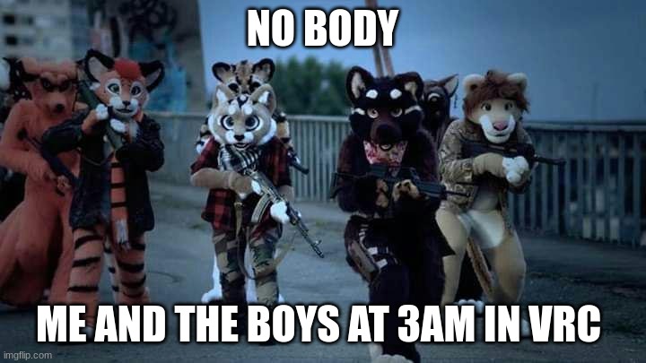 Furry Army | NO BODY; ME AND THE BOYS AT 3AM IN VRC | image tagged in furry army | made w/ Imgflip meme maker