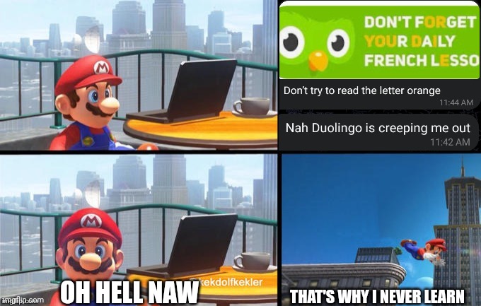 Mario: That's why i never learn | THAT'S WHY I NEVER LEARN; OH HELL NAW | image tagged in mario jumps off of a building,memes,duolingo,oof,run,oh wow are you actually reading these tags | made w/ Imgflip meme maker