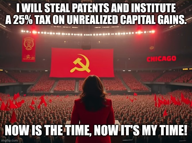 When a Marxist educated Vice President has a Vision. | I WILL STEAL PATENTS AND INSTITUTE A 25% TAX ON UNREALIZED CAPITAL GAINS. NOW IS THE TIME, NOW IT'S MY TIME! | image tagged in memes,politics,democrats,republicans,kamala harris,trending | made w/ Imgflip meme maker