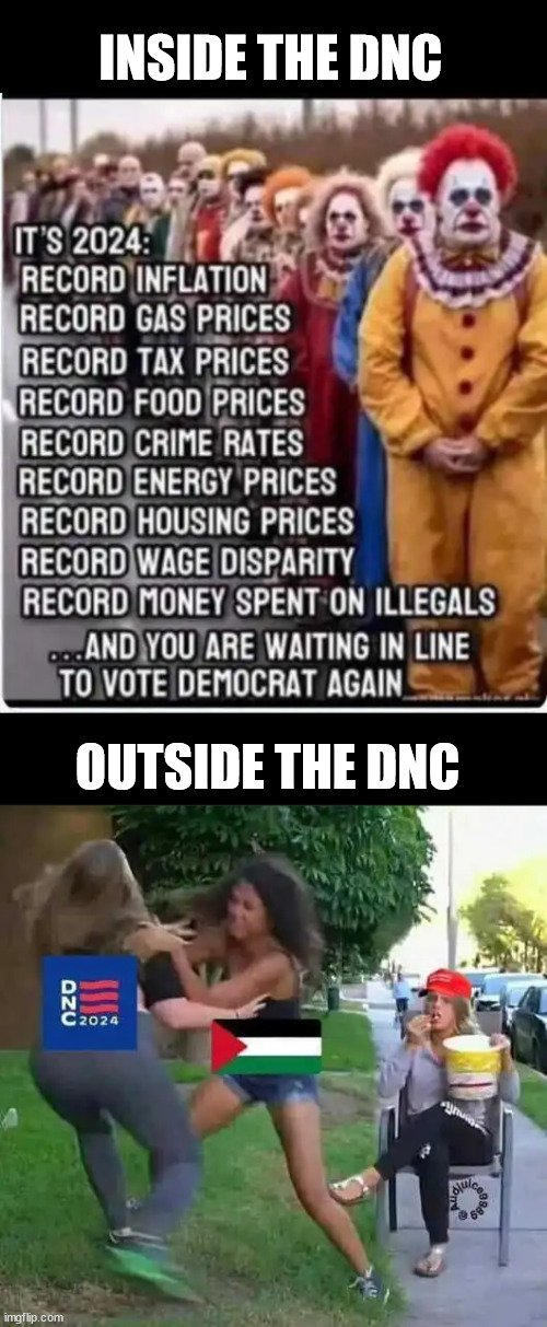 This week in Chicago... the DNC clown show | INSIDE THE DNC; OUTSIDE THE DNC | image tagged in this week,in chicago,dnc,clown show | made w/ Imgflip meme maker