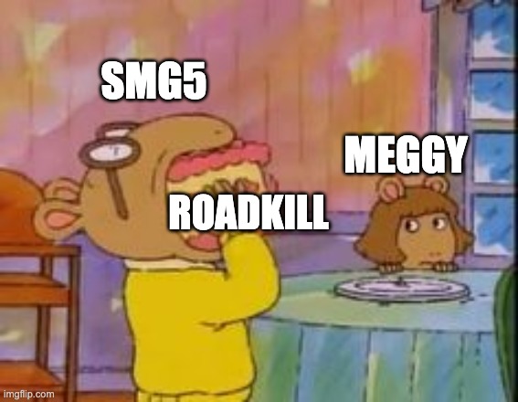 She still loves him just the way he is! | SMG5; MEGGY; ROADKILL | image tagged in arthur eating cake | made w/ Imgflip meme maker