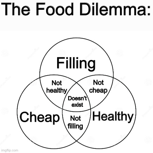 The struggle | The Food Dilemma:; Filling; Doesn’t exist; Not healthy; Not cheap; Healthy; Cheap; Not filling | image tagged in food,cheap,healthy,dilemma | made w/ Imgflip meme maker