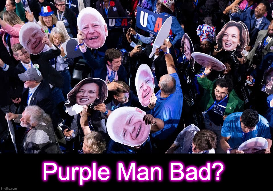 [warning: purple-man-bad satire] | Purple Man Bad? | image tagged in purple guy,kamala harris,kommula,tim walz | made w/ Imgflip meme maker