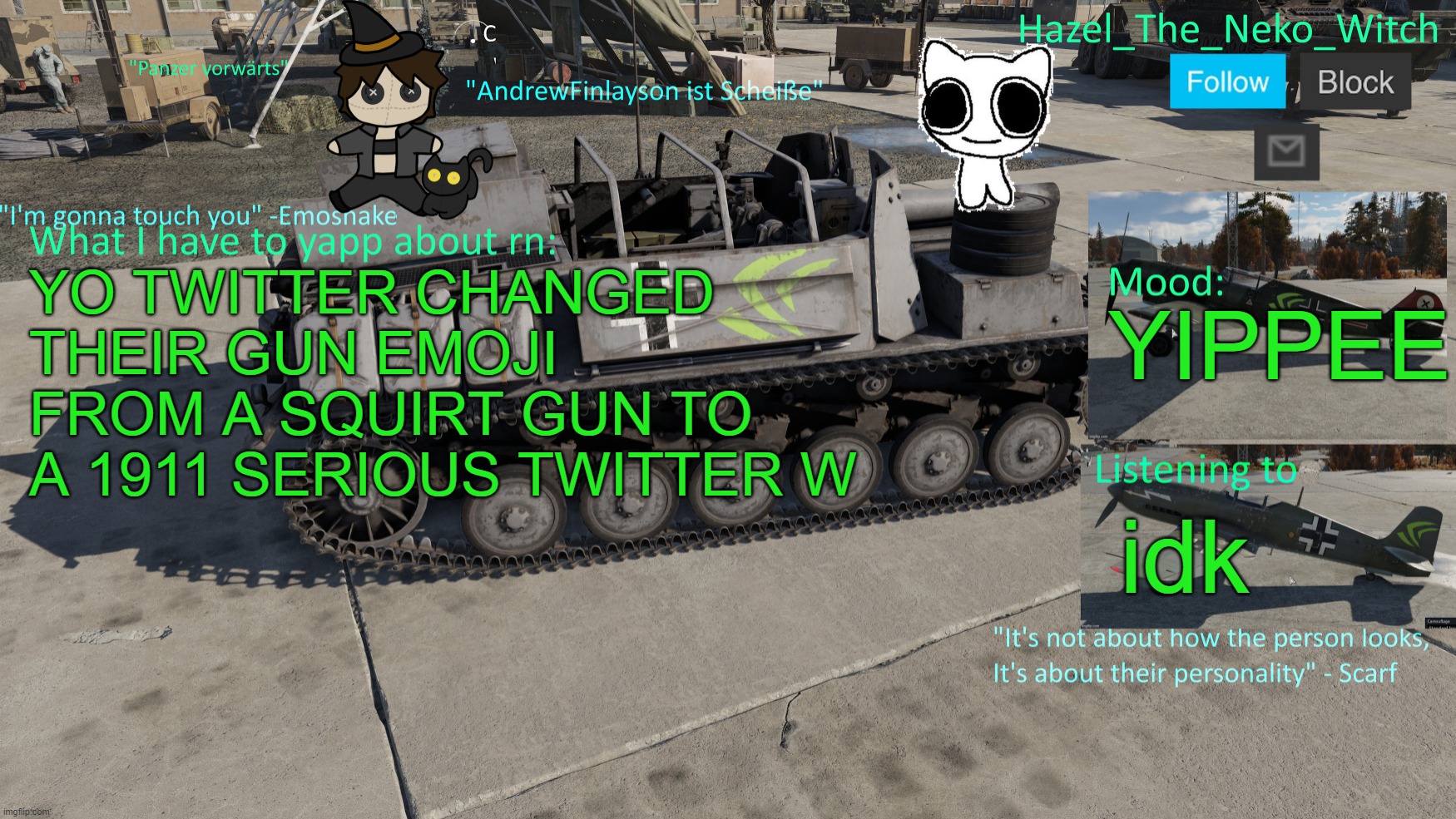 Neko War Thunder template(Thx Disco for drawing) | YO TWITTER CHANGED THEIR GUN EMOJI FROM A SQUIRT GUN TO A 1911 SERIOUS TWITTER W; YIPPEE; idk | image tagged in neko war thunder template thx disco for drawing | made w/ Imgflip meme maker