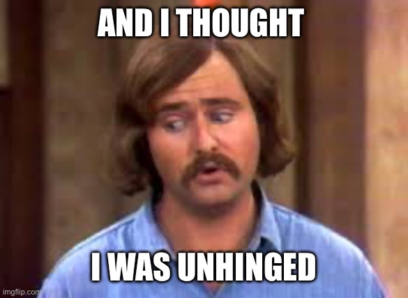 Meathead | AND I THOUGHT I WAS UNHINGED | image tagged in meathead | made w/ Imgflip meme maker