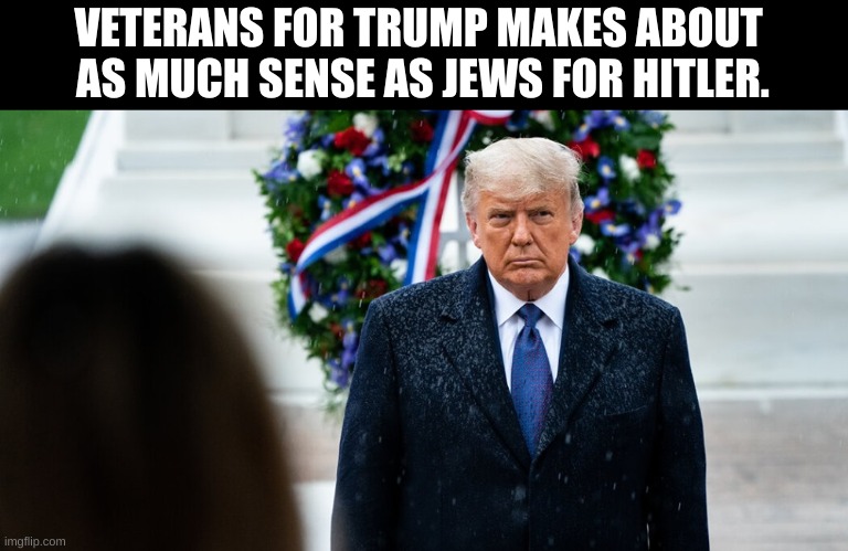 jews for hitler | VETERANS FOR TRUMP MAKES ABOUT 
AS MUCH SENSE AS JEWS FOR HITLER. | image tagged in trump veterans day,traitor | made w/ Imgflip meme maker