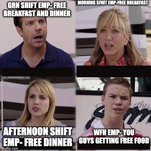 free food in office | MORNING SFHIT EMP-FREE BREAKFAST; GRN SHIFT EMP- FREE BREAKFAST AND DINNER; WFH EMP- YOU GUYS GETTING FREE FOOD; AFTERNOON SHIFT EMP- FREE DINNER | image tagged in you guys are getting paid template | made w/ Imgflip meme maker