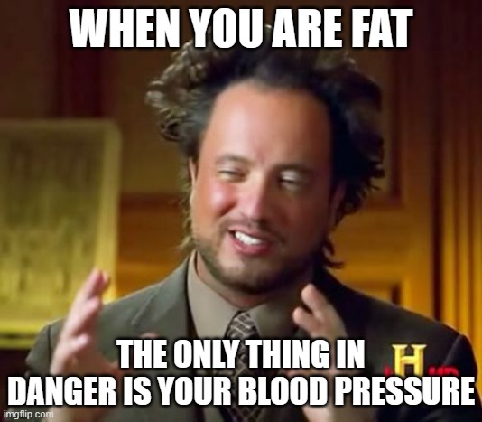 Ancient Aliens | WHEN YOU ARE FAT; THE ONLY THING IN DANGER IS YOUR BLOOD PRESSURE | image tagged in memes,ancient aliens | made w/ Imgflip meme maker