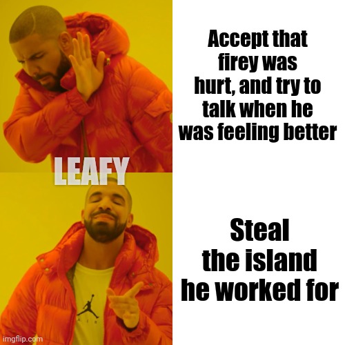 Leafy's inner thought | Accept that firey was hurt, and try to talk when he was feeling better; LEAFY; Steal the island he worked for | image tagged in memes,drake hotline bling | made w/ Imgflip meme maker