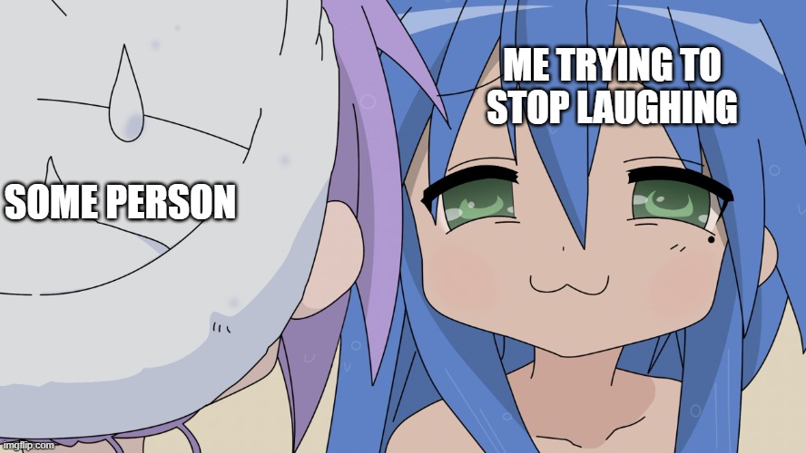 haha- | ME TRYING TO STOP LAUGHING; SOME PERSON | image tagged in konata lucky star anime smug girl | made w/ Imgflip meme maker