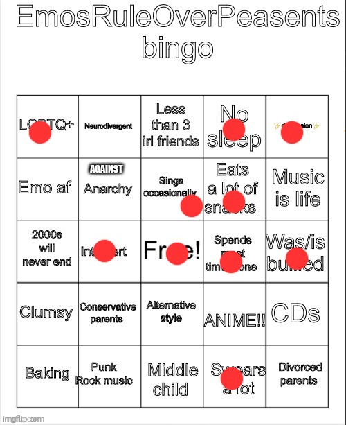 no bingo | AGAINST | image tagged in emosruleoverpeasents bingo | made w/ Imgflip meme maker