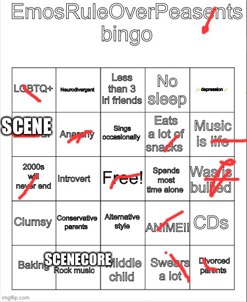 EmosRuleOverPeasents Bingo | SCENE; SCENECORE | image tagged in emosruleoverpeasents bingo | made w/ Imgflip meme maker