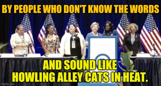 And Tonight At The DNC The Women's Caucus Will Be Performing The National Anthem | BY PEOPLE WHO DON'T KNOW THE WORDS; AND SOUND LIKE HOWLING ALLEY CATS IN HEAT. | image tagged in memes,politics,national anthem,they don't know,words,howling cats | made w/ Imgflip meme maker