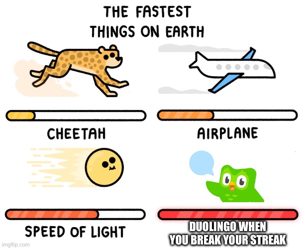 Keep your streak | DUOLINGO WHEN YOU BREAK YOUR STREAK | image tagged in fastest thing on earth,duolingo | made w/ Imgflip meme maker