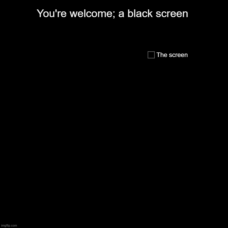 image title lol | You're welcome; a black screen | The screen | image tagged in charts,pie charts | made w/ Imgflip chart maker