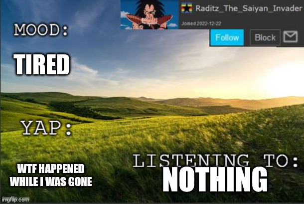 temp raditz | TIRED; WTF HAPPENED WHILE I WAS GONE; NOTHING | image tagged in temp raditz | made w/ Imgflip meme maker