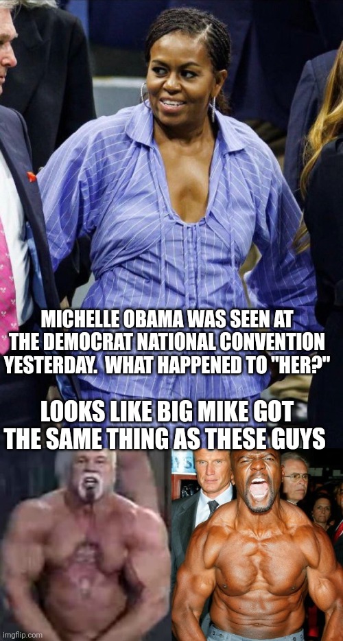 Michelle Obama | MICHELLE OBAMA WAS SEEN AT THE DEMOCRAT NATIONAL CONVENTION YESTERDAY.  WHAT HAPPENED TO "HER?"; LOOKS LIKE BIG MIKE GOT THE SAME THING AS THESE GUYS | image tagged in michelle obama | made w/ Imgflip meme maker