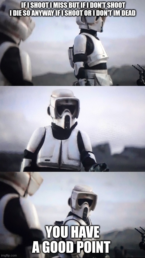 Storm Trooper Conversation | IF I SHOOT I MISS BUT IF I DON'T SHOOT I DIE SO ANYWAY IF I SHOOT OR I DON'T IM DEAD; YOU HAVE A GOOD POINT | image tagged in storm trooper conversation | made w/ Imgflip meme maker