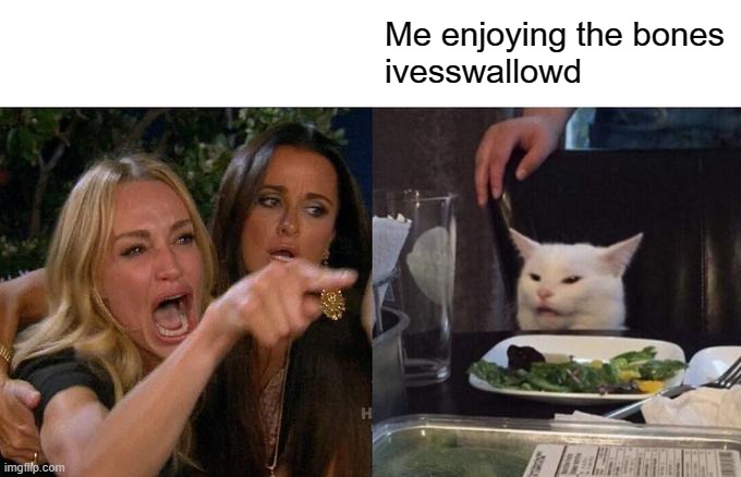 Cats R people too | Me enjoying the bones
ivesswallowd | image tagged in memes,woman yelling at cat | made w/ Imgflip meme maker