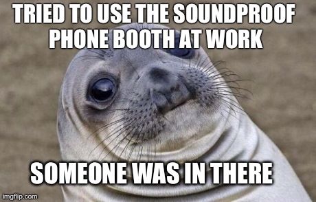 Awkward Moment Sealion | TRIED TO USE THE SOUNDPROOF PHONE BOOTH AT WORK SOMEONE WAS IN THERE | image tagged in memes,awkward moment sealion,AdviceAnimals | made w/ Imgflip meme maker