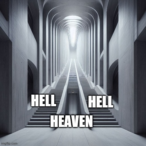 elevator and stairs | HELL; HELL; HEAVEN | image tagged in elevator,stairs | made w/ Imgflip meme maker