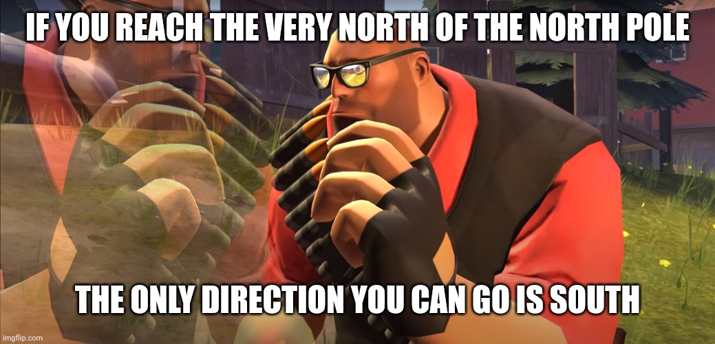 HMMM | IF YOU REACH THE VERY NORTH OF THE NORTH POLE; THE ONLY DIRECTION YOU CAN GO IS SOUTH | image tagged in heavy is thinking,deep thoughts,hmmm,hmmmmmmm,oh wow are you actually reading these tags,why are you reading the tags | made w/ Imgflip meme maker