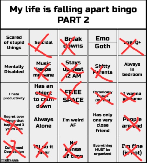 No bingo so im fine | image tagged in my life is falling apart bingo part 2 | made w/ Imgflip meme maker